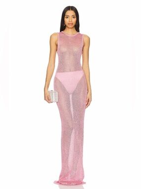 Superdown Revolve Pink Alix Sheer Sequin Knit Sleeveless Long Maxi Dress XS NWT
